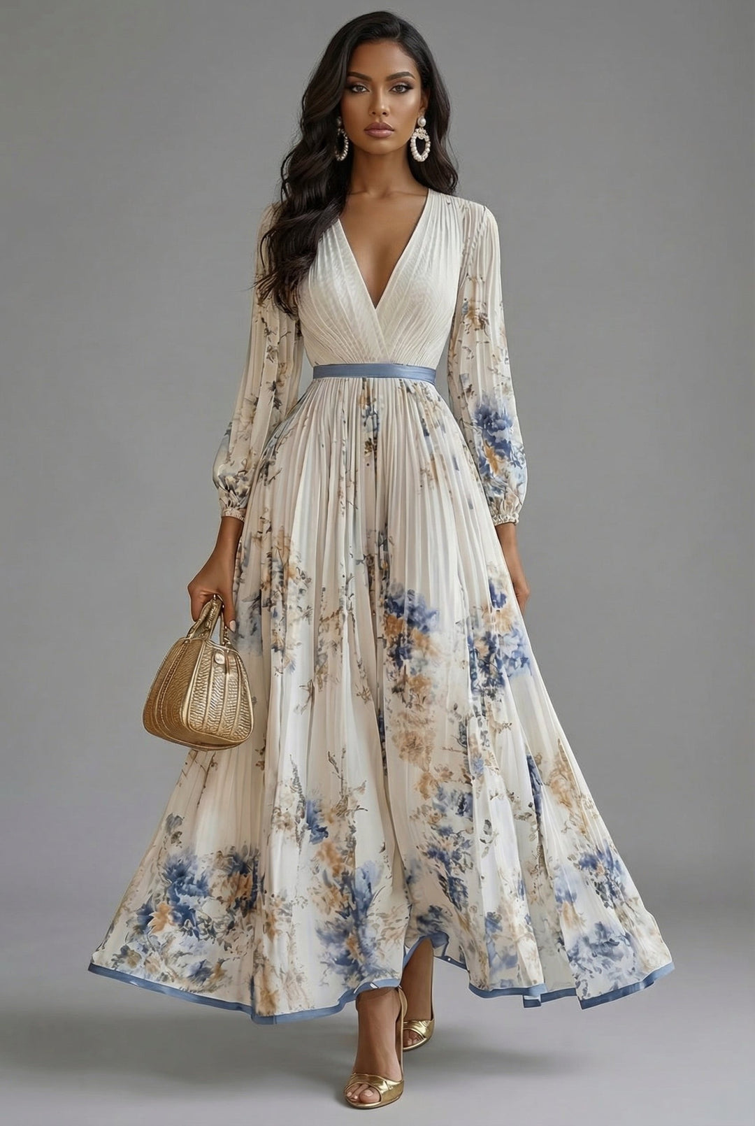Elegant women's floral maxi dress with deep V-neck, long sleeves & pleated skirt. Perfect for formal events.