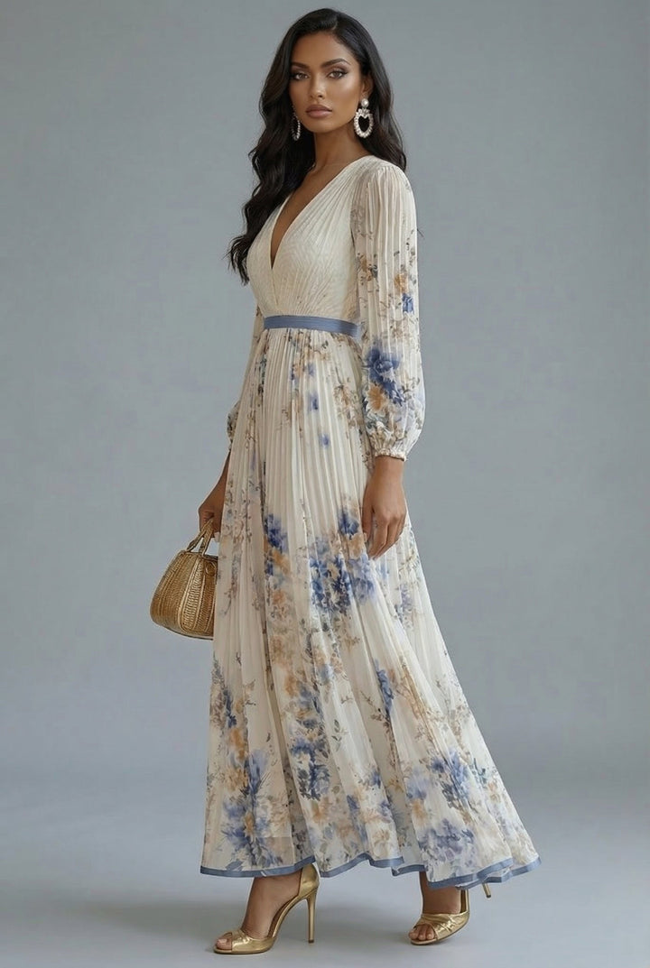 Romantic floral print maxi dress for women, featuring a flattering V-neck, long sleeves & flowy pleats.