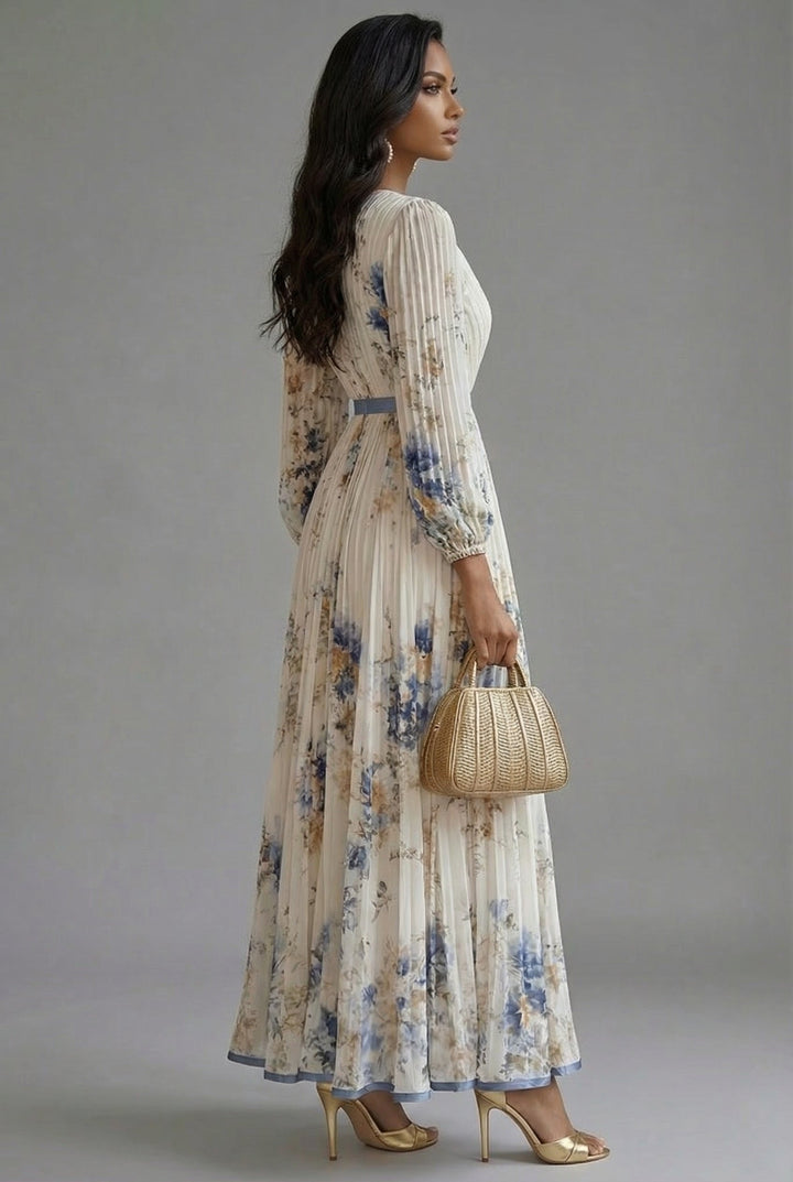 Women's long sleeve floral maxi dress with a deep V-neck, ideal for wedding guests & evening parties.