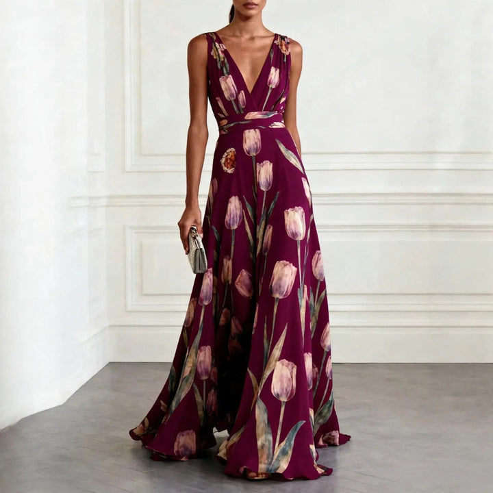 Stylish women's summer floral maxi dress, V-neck design for elegant occasion wear or a formal party.