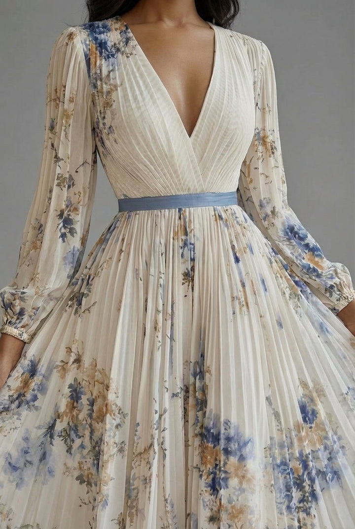 Chic pleated floral maxi dress for women. Deep V-neckline & long sleeves offer an elegant silhouette.