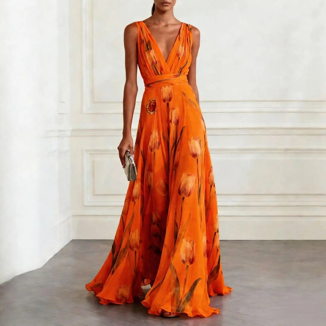 Flattering deep V-neck floral maxi dress for women. Elegant long summer dress, perfect for any special occasion.