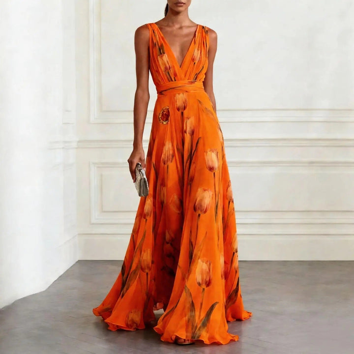 Flattering deep V-neck floral maxi dress for women. Elegant long summer dress, perfect for any special occasion.