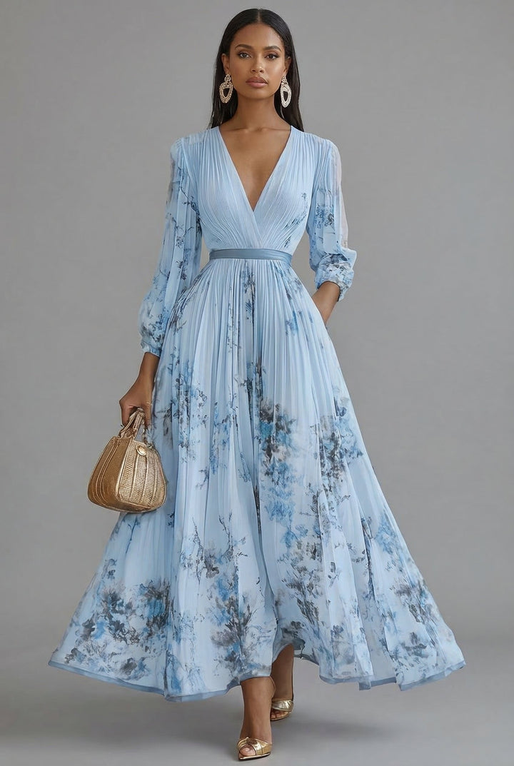Stunning women's floral maxi gown with long sleeves & a deep V-neck, perfect for special occasions.