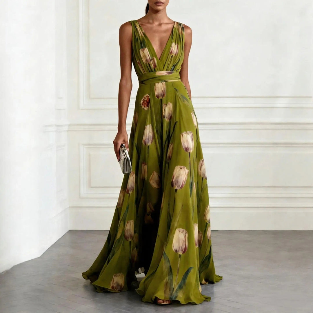 Women's elegant floral maxi dress with deep V-neck, suitable for formal parties, summer events & wedding guests.
