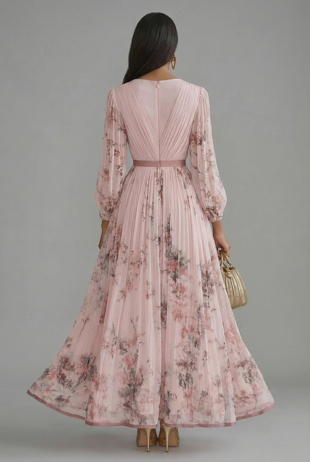 Fashionable women's floral maxi dress, pleated skirt design, deep V-neck & long sleeves. Evening wear.