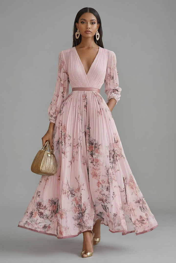 Beautiful women's floral print maxi dress, deep V-neck, long sleeve, and elegant pleated details.