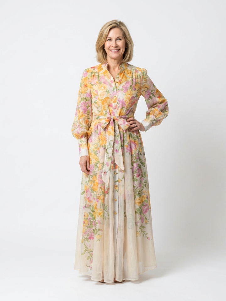 Elegant women's floral maxi dress with long sleeves, perfect for spring/summer occasions.