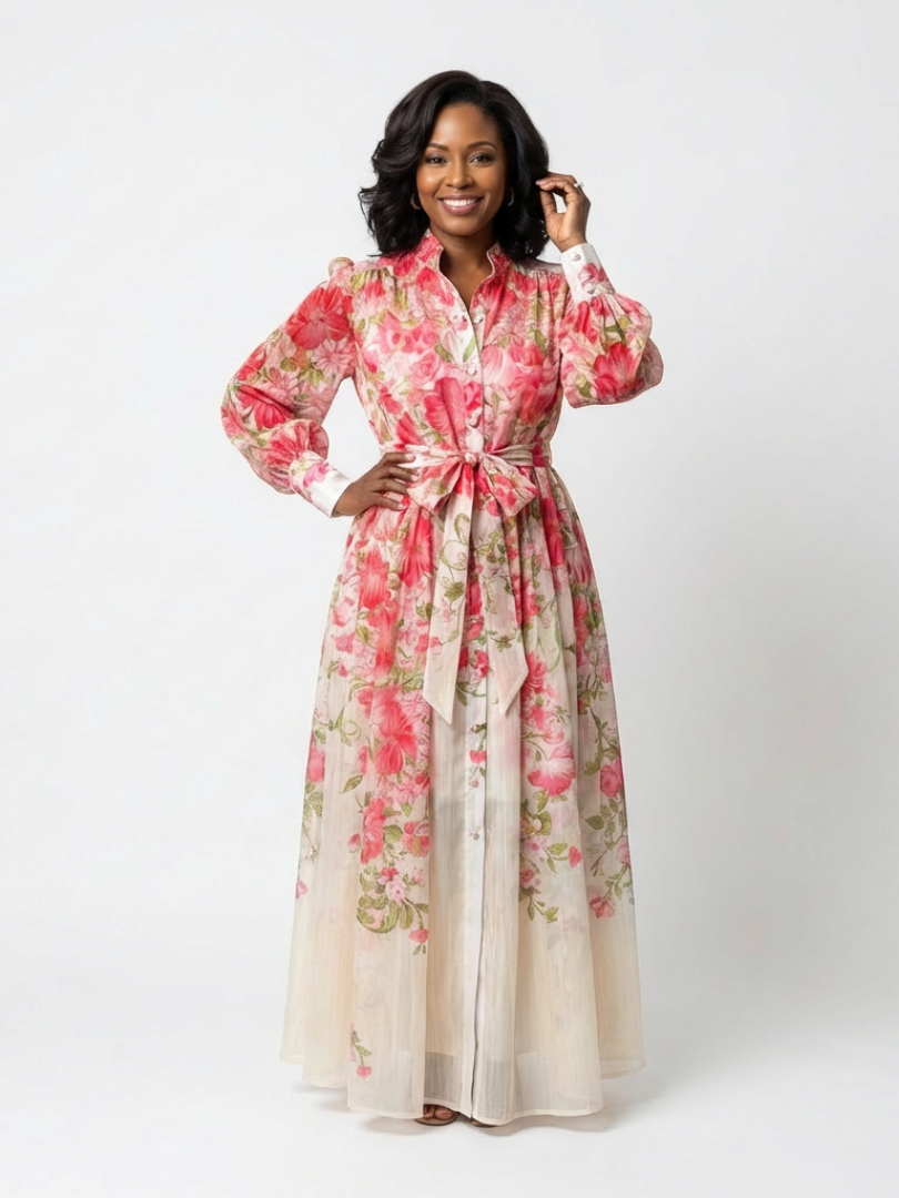 Graceful women's flowy maxi dress with long sleeves and an eye-catching floral pattern, suitable for all figures.