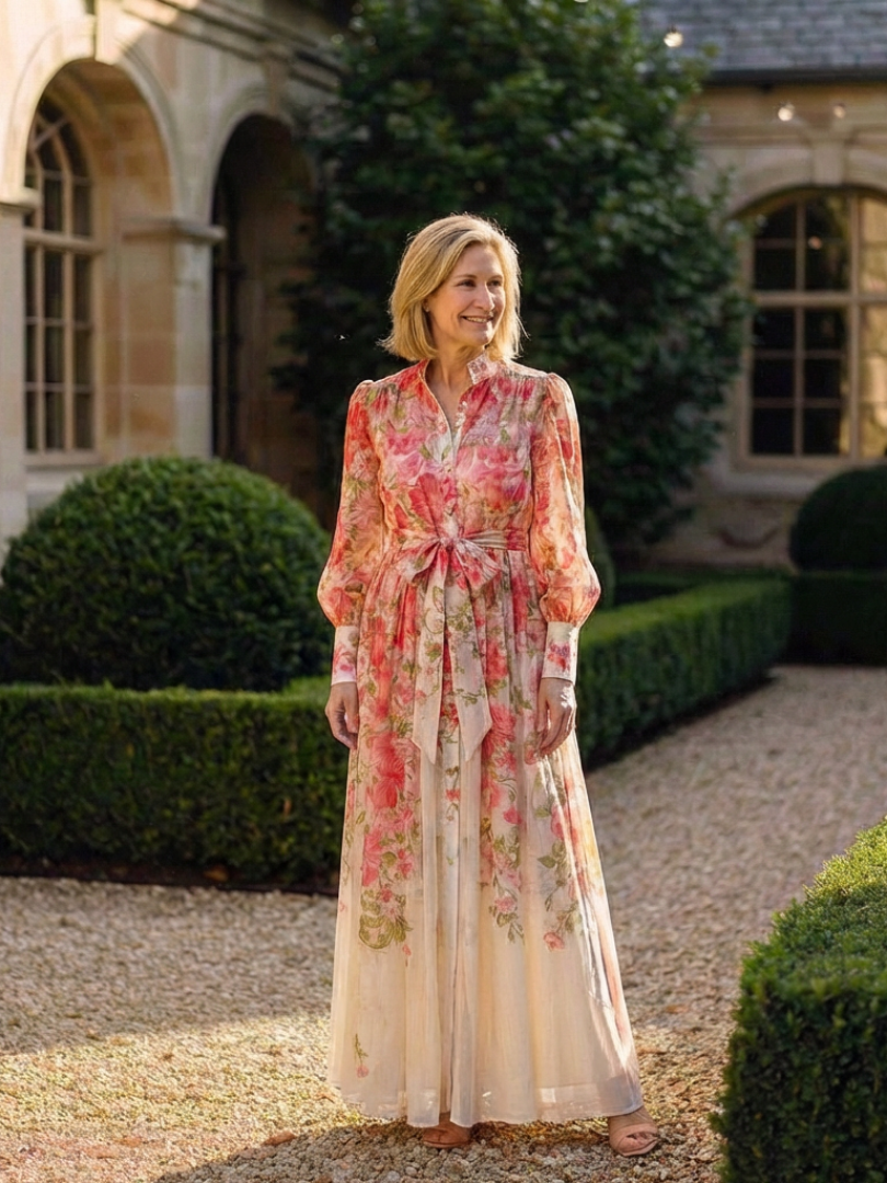 Vibrant floral print long sleeve maxi dress for women, showcasing an elegant design perfect for warm seasons.