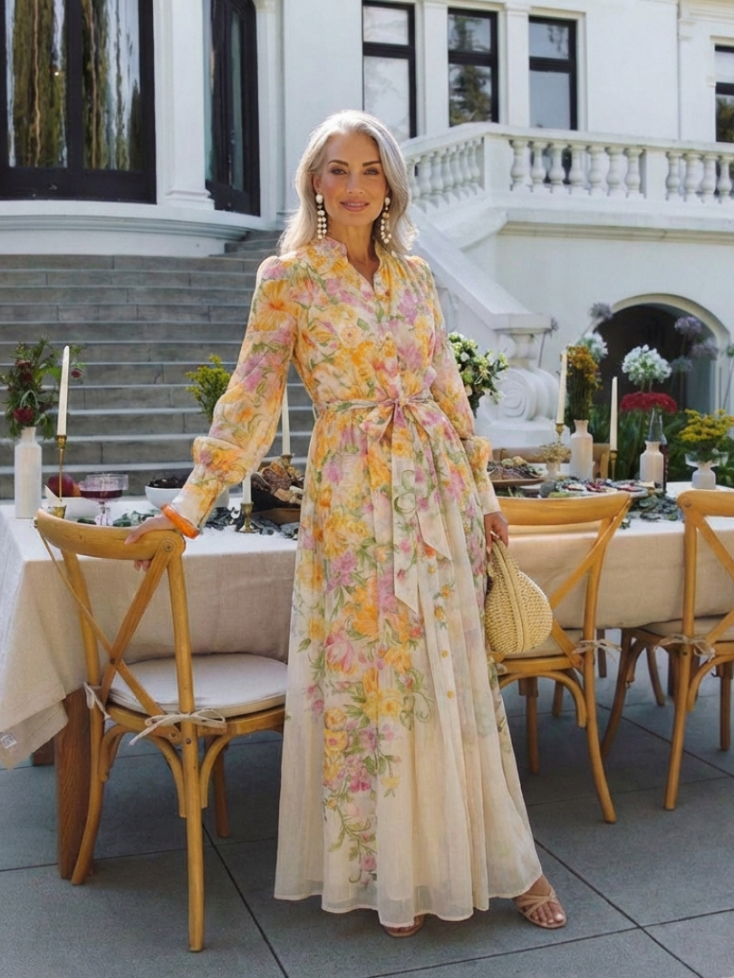 Elegant women's maxi dress with sophisticated long sleeves and a beautiful floral print for ladies' fashion.