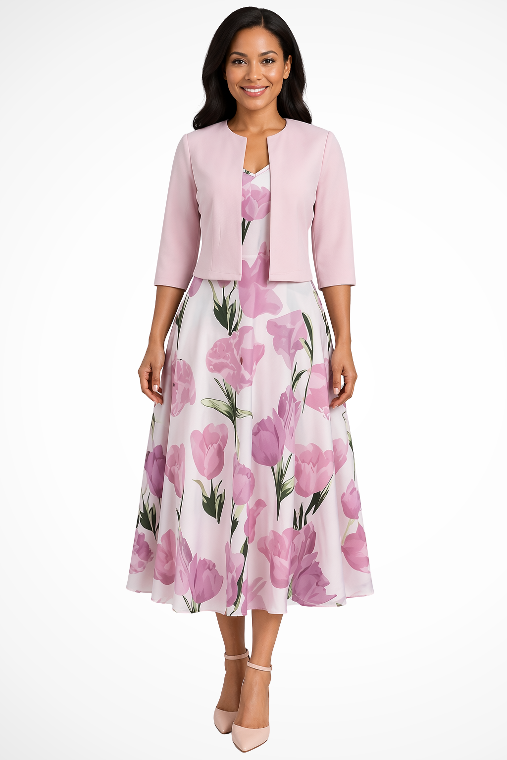 Elegant women's floral maxi dress with matching cropped jacket, a perfect two-piece set for spring & summer special occasions.