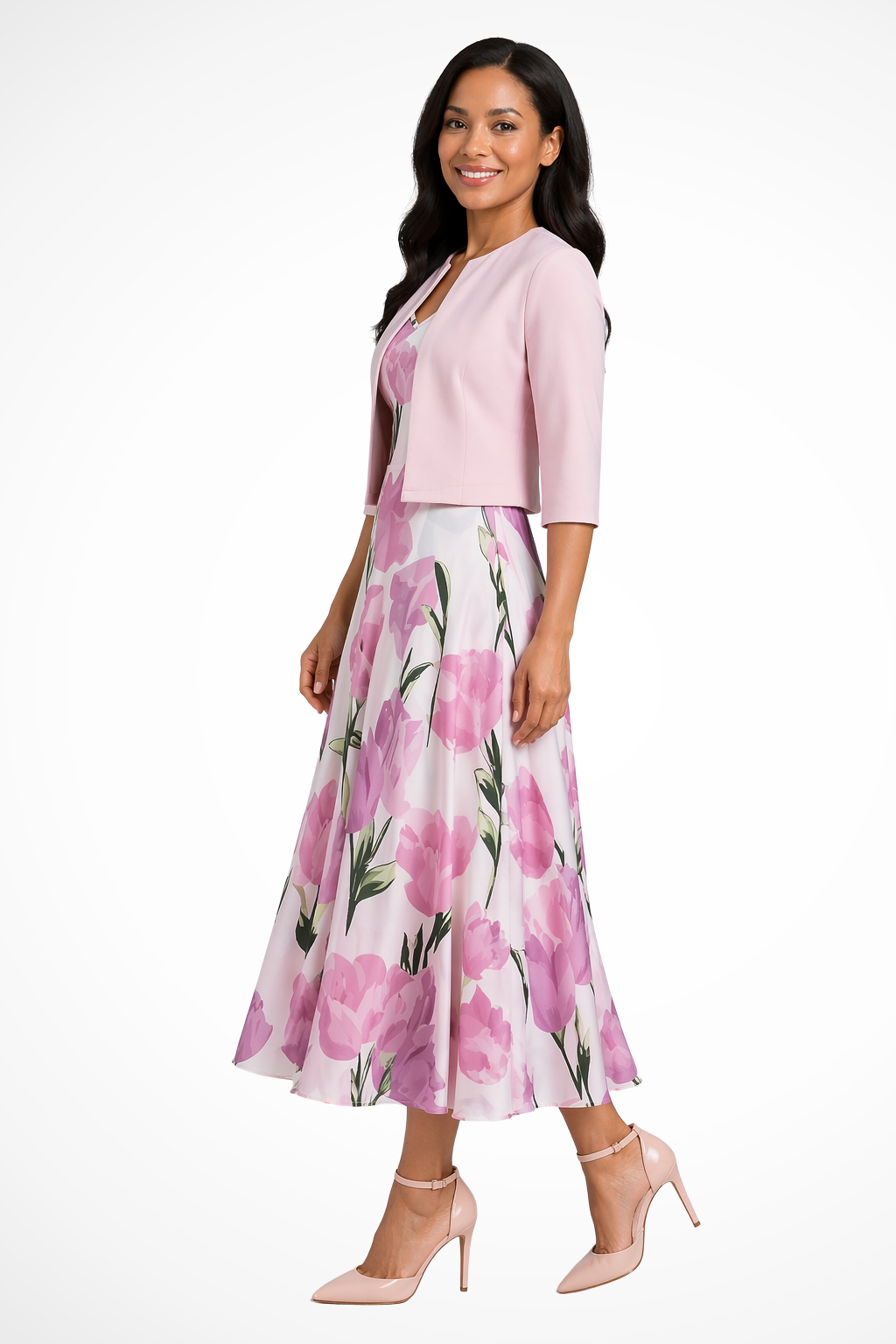Stylish pink floral maxi dress & cropped jacket two-piece set, ideal formal wear or wedding guest attire for women.