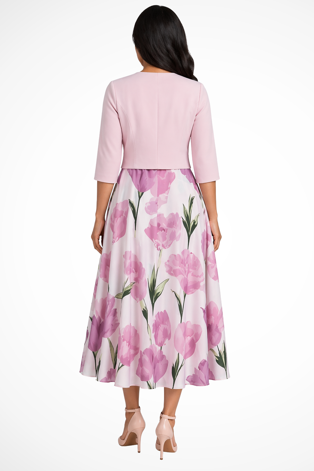 Beautiful women's floral maxi dress and elegant cropped jacket set, perfect for a chic spring or summer evening outfit.