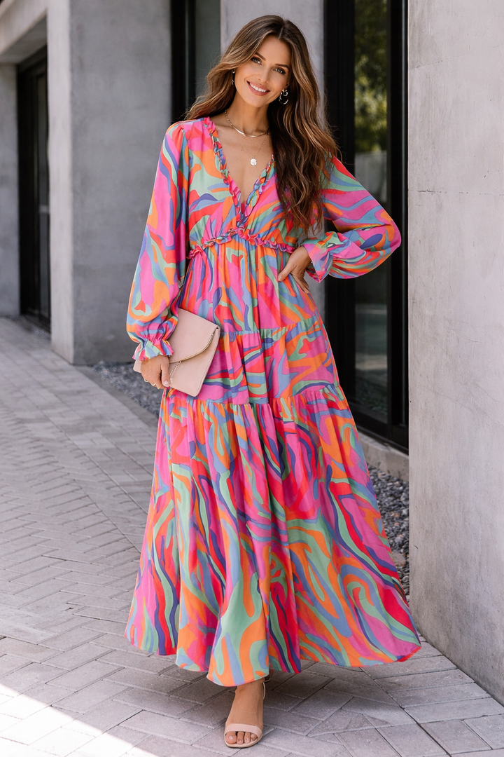 Feminine sage green floral maxi dress, V-neck, long ruffle sleeves, and a flattering flowy silhouette.