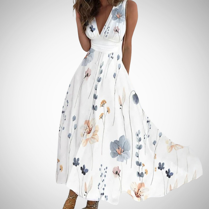 Beautiful women's floral maxi dress, elegant V-neck and sleeveless design. Ideal for summer, spring, or party wear.