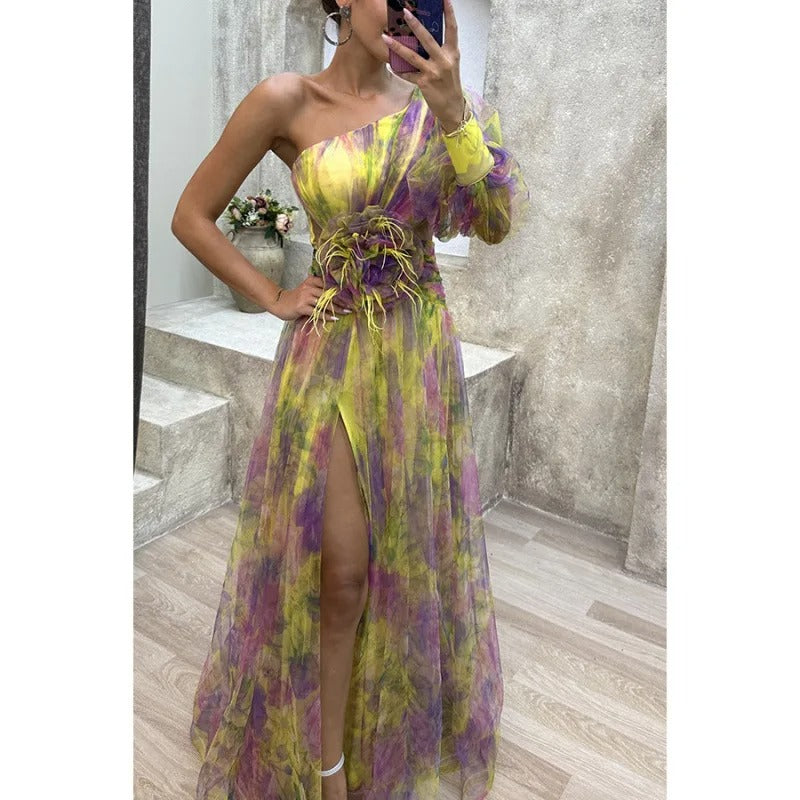 Elegant women's floral maxi dress with vibrant print, perfect for summer parties & evening events.