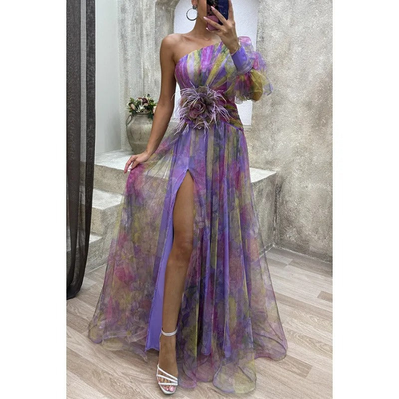 Stunning women's floral party maxi dress with a sophisticated one-shoulder cut and flattering slit detail.