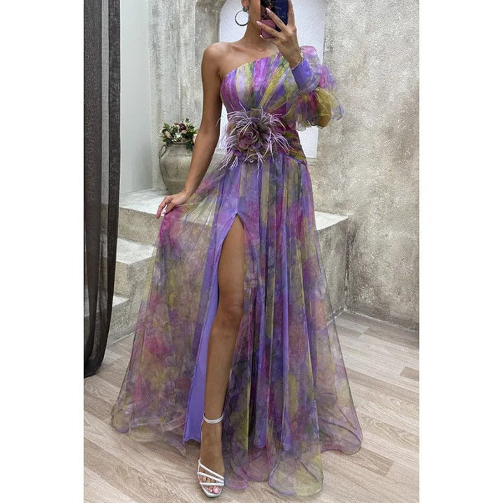 Stunning women's floral party maxi dress with a sophisticated one-shoulder cut and flattering slit detail.