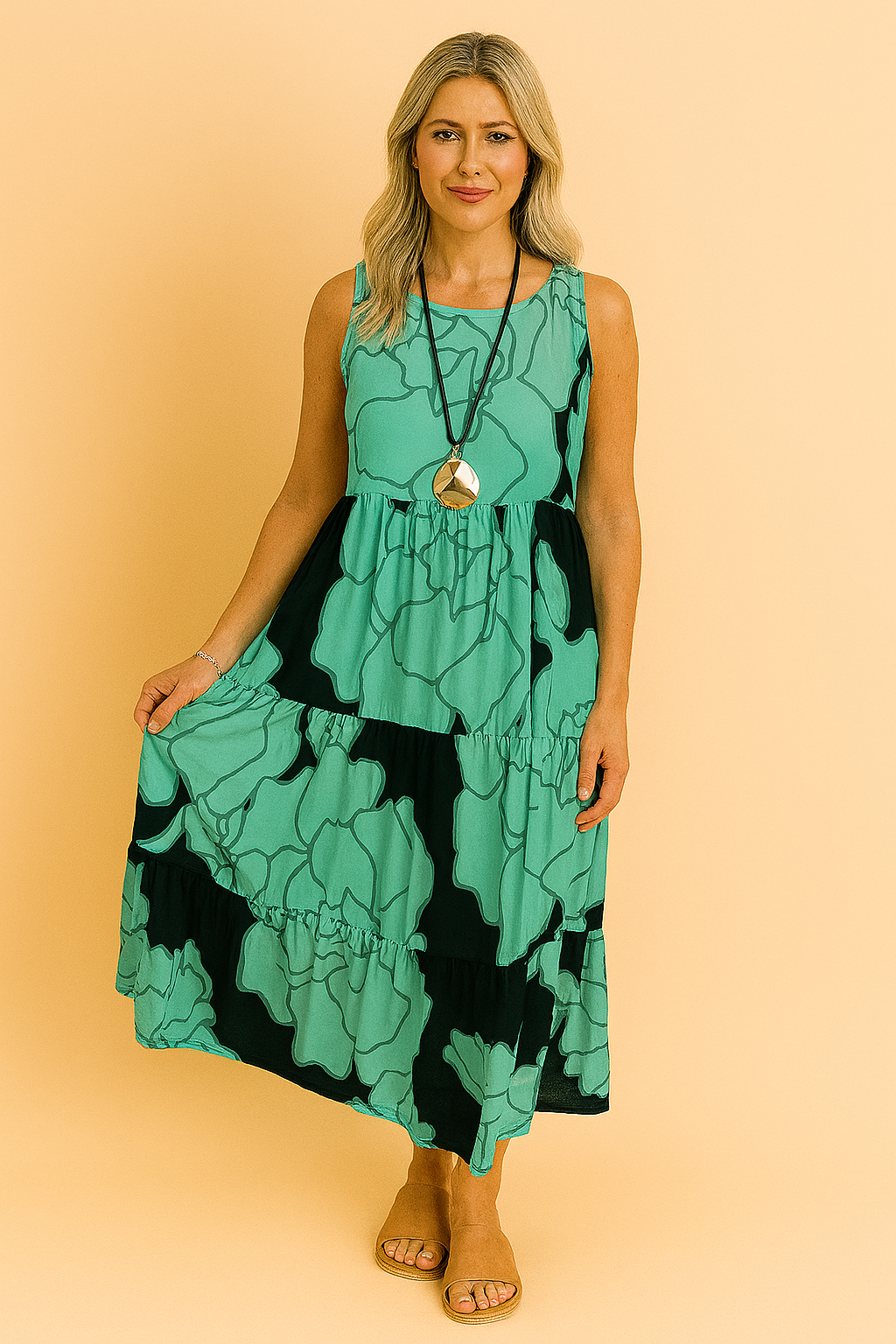 Women's elegant midi dress with a vibrant floral pattern, great for summer parties.