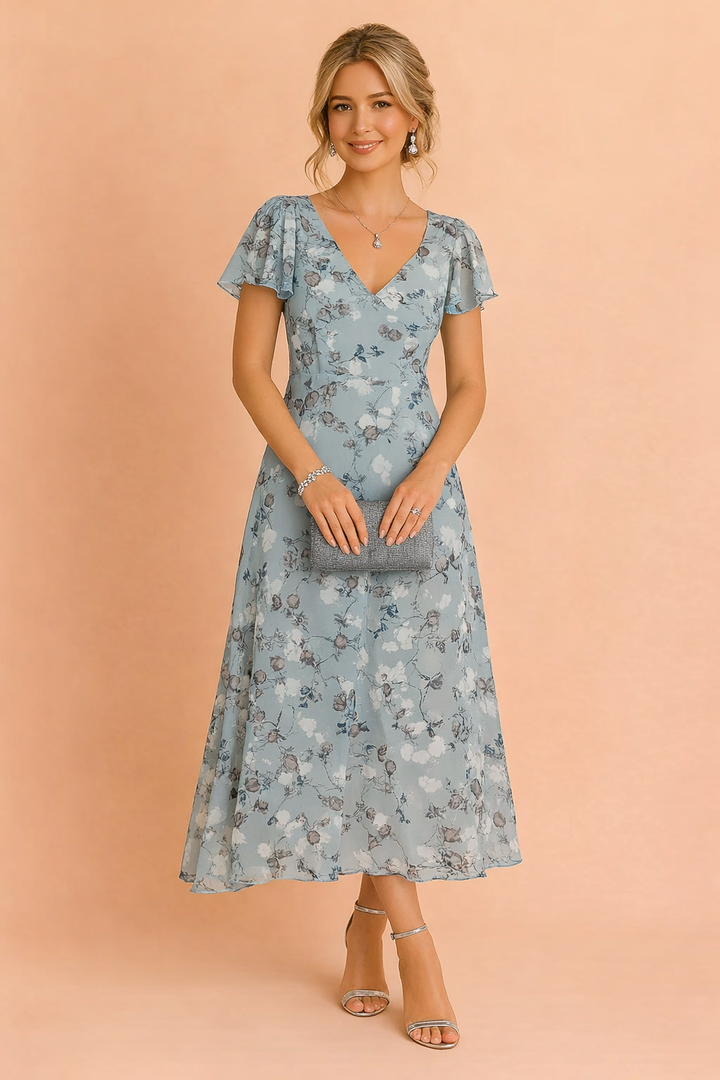 Woman models a stylish floral midi dress, ideal for summer events. Elegant & comfortable women's fashion.