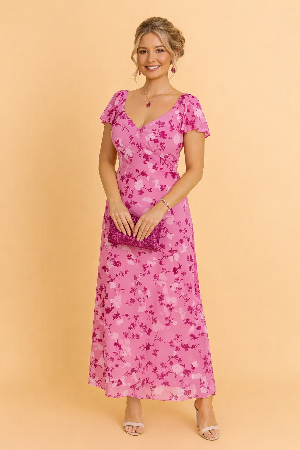 Lightweight women's floral midi dress, offering elegant style & comfort for summer gatherings. Perfect party wear.