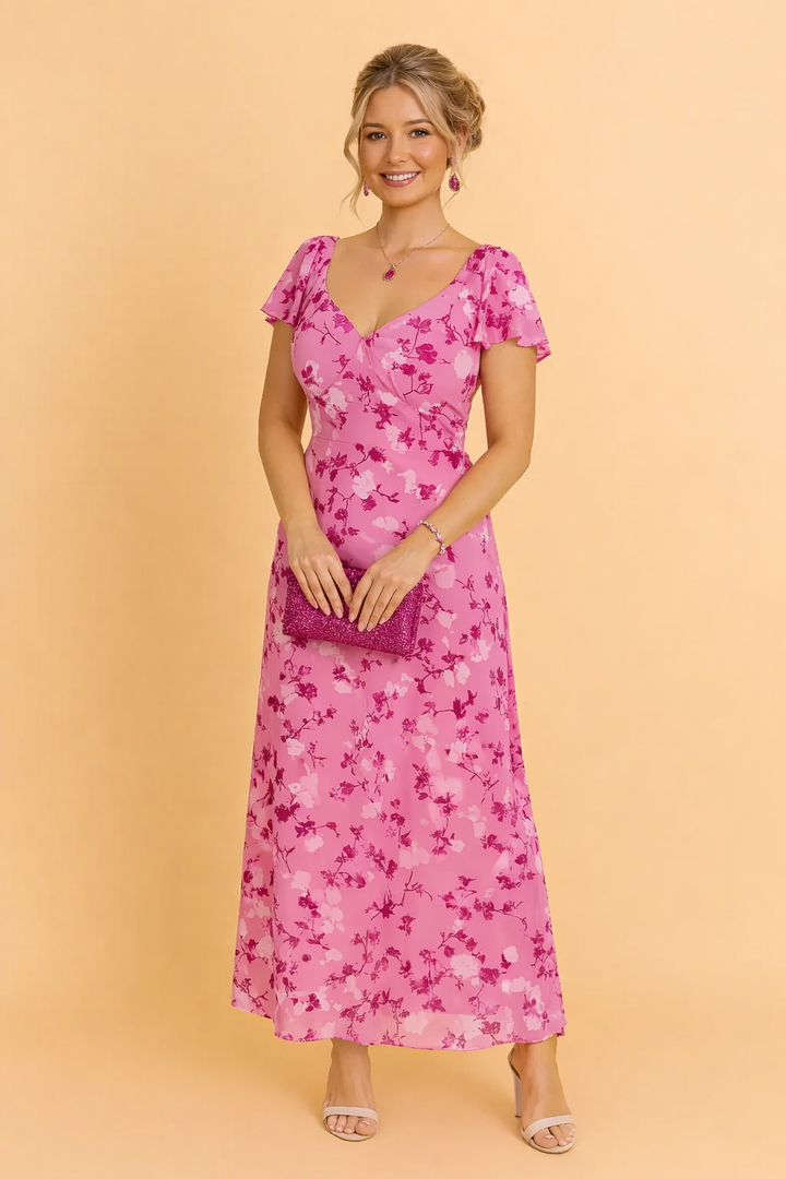 Lightweight women's floral midi dress, offering elegant style & comfort for summer gatherings. Perfect party wear.