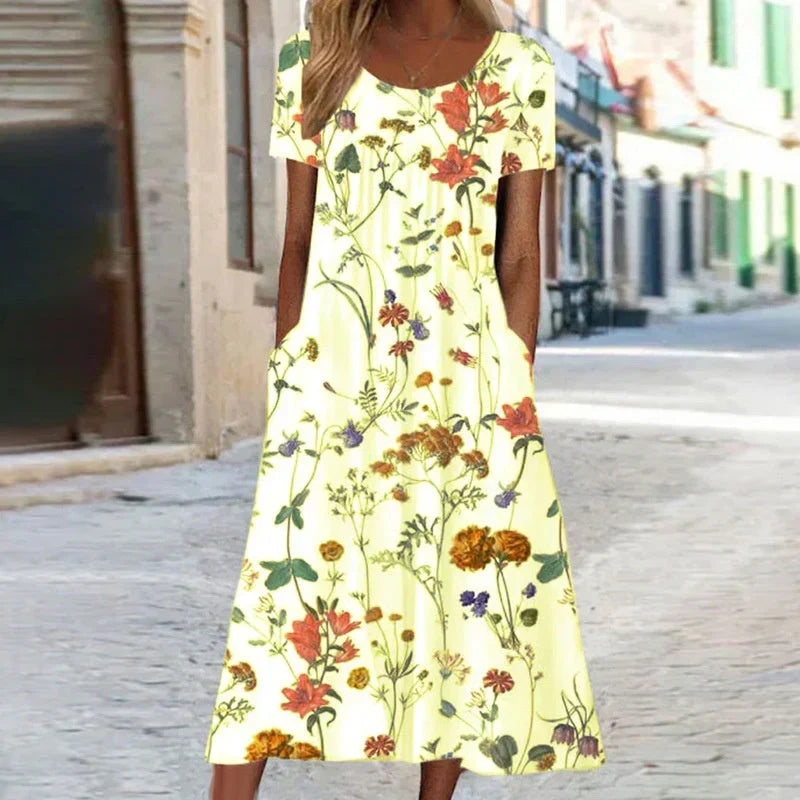 Stylish women's V-neck floral midi dress, offering an elegant and comfortable fit for summer events and parties.