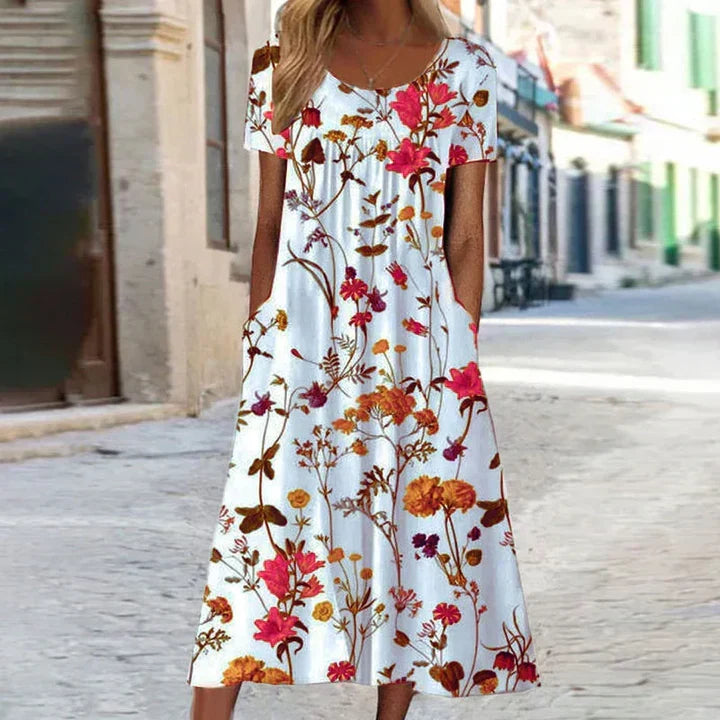 Comfortable V-neck floral midi dress for women, an elegant and versatile choice for summer casual or party wear.