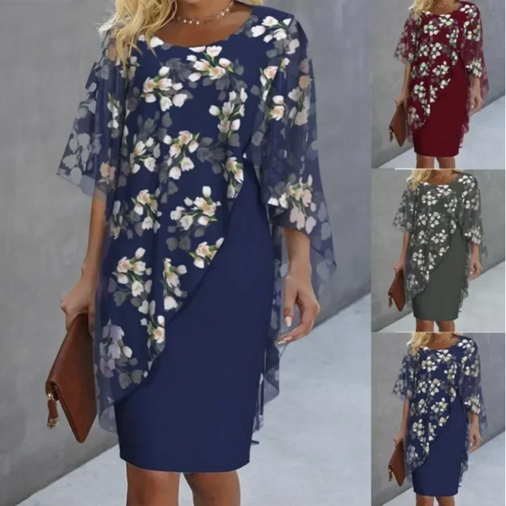 Chic women's floral print midi dress with a unique cape design, offering an elegant and flowing silhouette.