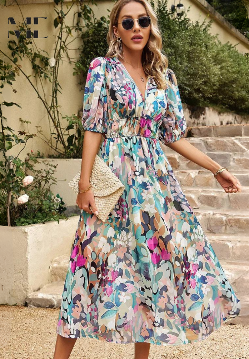 Elegant women's floral midi dress with chic puff sleeves & a flattering V-neck, perfect for summer style.
