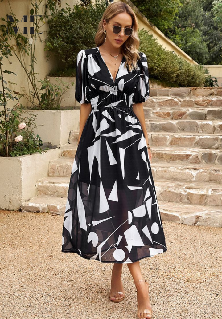Comfortable floral midi dress for women, with charming puff sleeves & a stylish V-neck for warm weather.