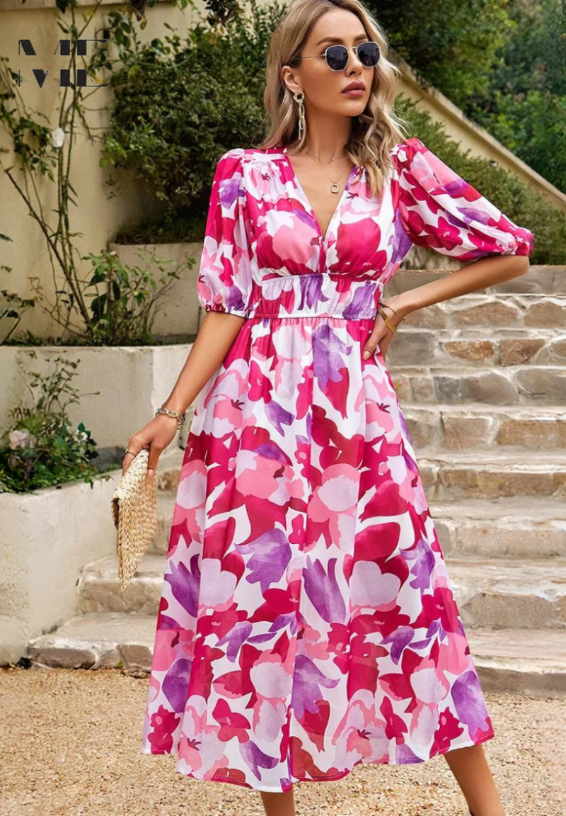 Women's summer floral midi dress, designed with elegant puff sleeves and a comfortable, flattering V-neck.