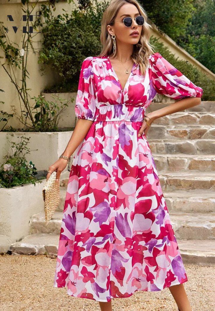 Women's summer floral midi dress, designed with elegant puff sleeves and a comfortable, flattering V-neck.