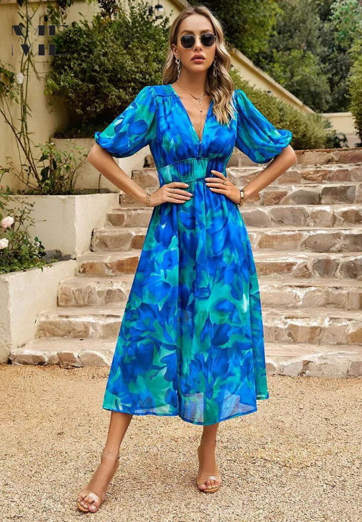 Pretty floral puff sleeve midi dress, a versatile V-neck summer style for women, great for casual events.