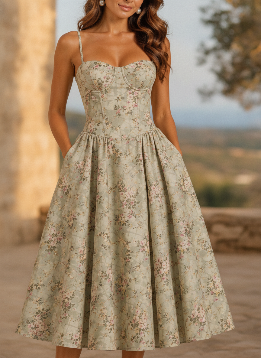Elegant women's floral midi dress with corset detail, perfect for wedding guests & summer occasions.