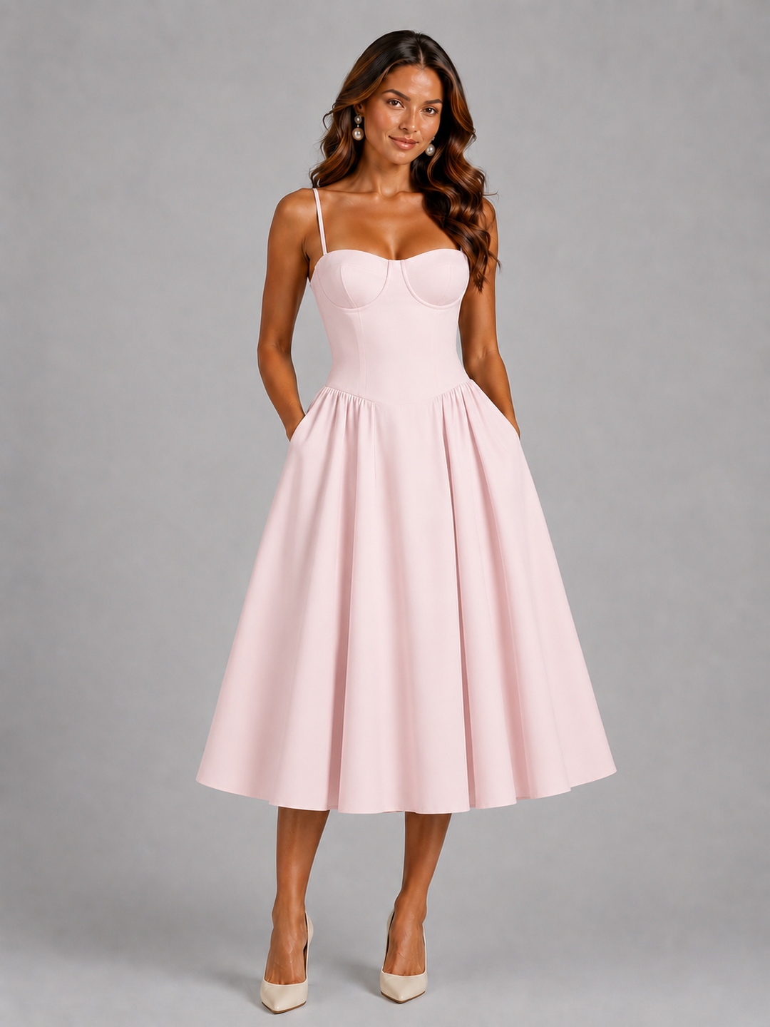 Summer wedding guest floral midi dress with elegant corset detailing and a flattering midi length.