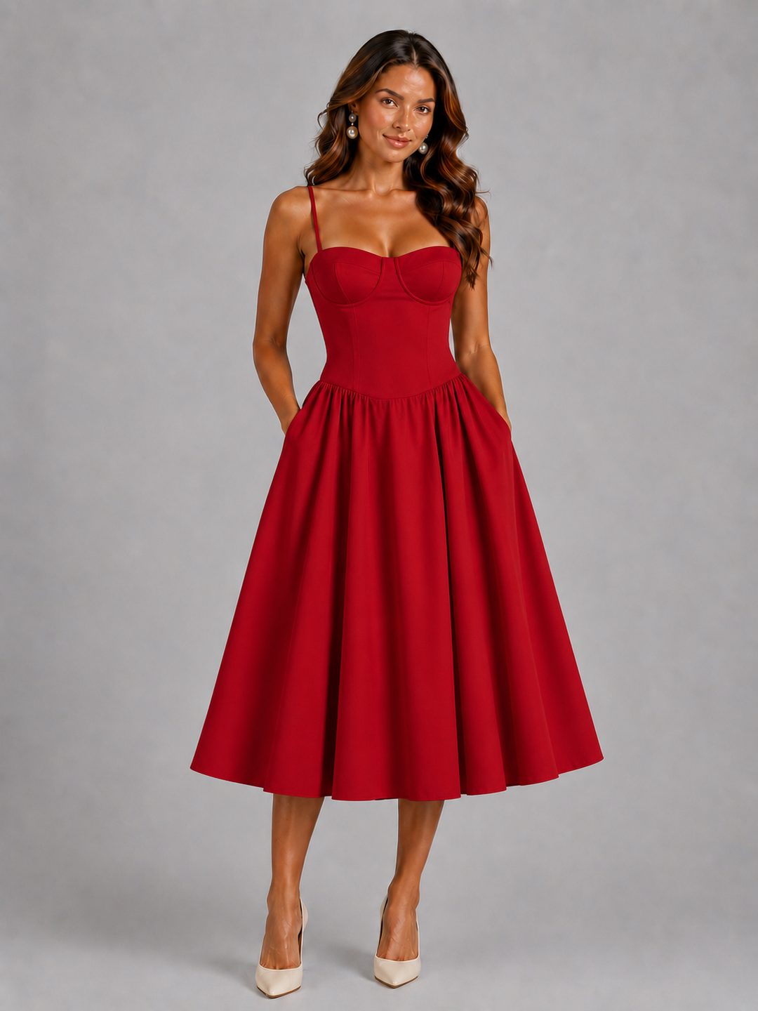 Floral midi party dress for women, with an exquisite corset design & sweetheart neckline, perfect for events.