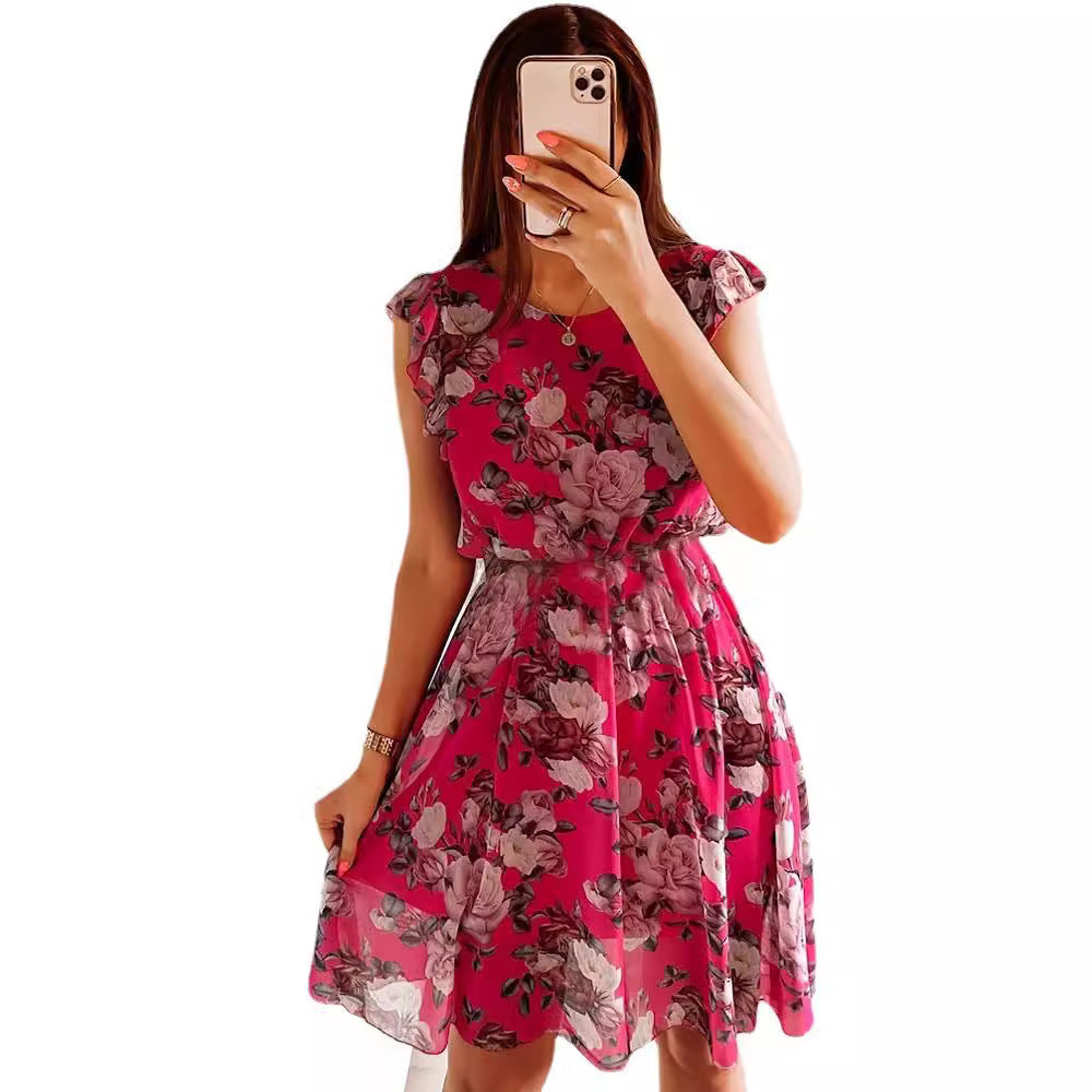 Chic women's party dress: a floral midi with elegant ruffle sleeves and a graceful, flowing silhouette.