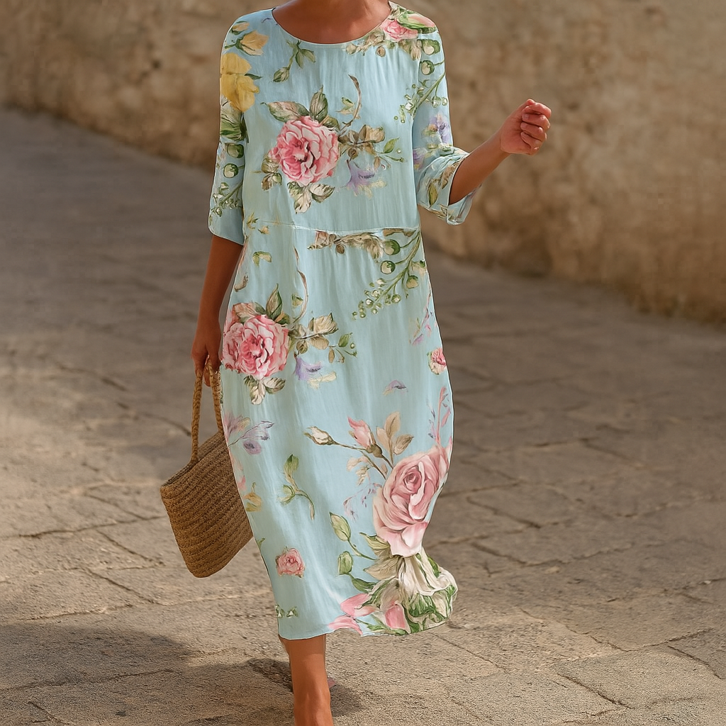 Elegant women's floral midi dress with flutter sleeves, perfect for summer parties or spring occasions.