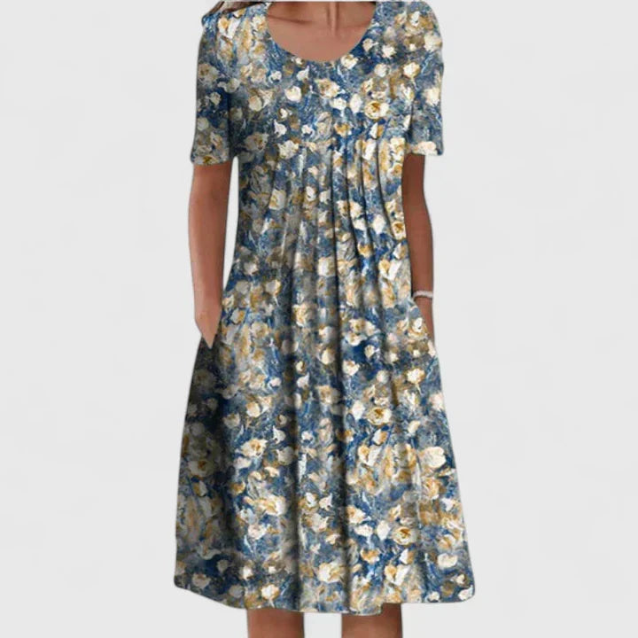 Women's casual yet elegant midi dress with a unique mix of floral and polka dot prints for comfort.
