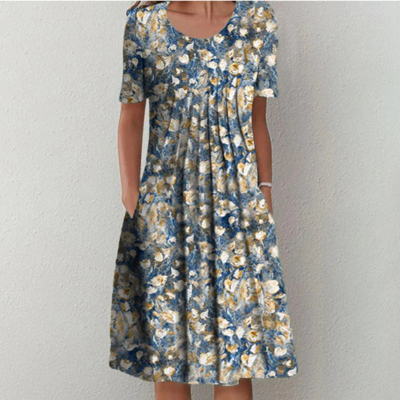 Versatile women's midi dress blending elegant floral and playful polka dot prints for any occasion.