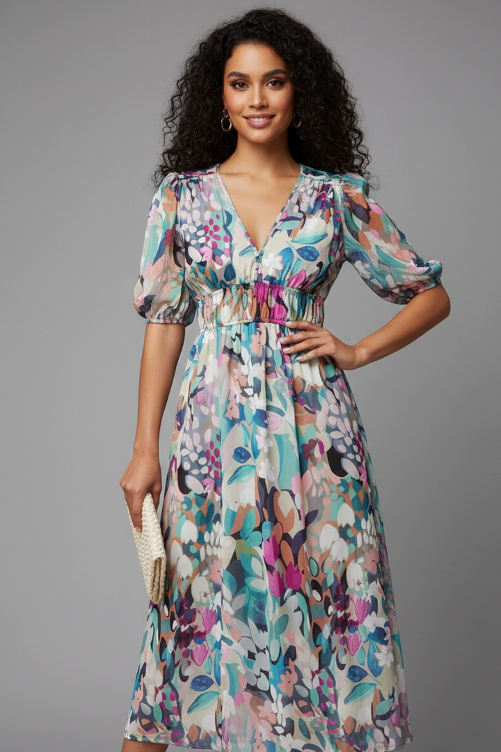 Romantic puff sleeve midi dress for women, elegant floral print. Ideal for casual or special occasion wear.