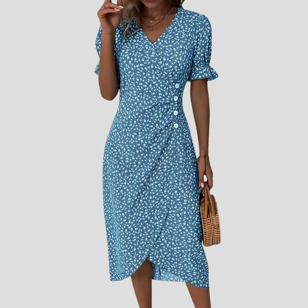 Elegant women's floral midi dress with V-neck and puff sleeves, perfect for summer parties or spring fashion.