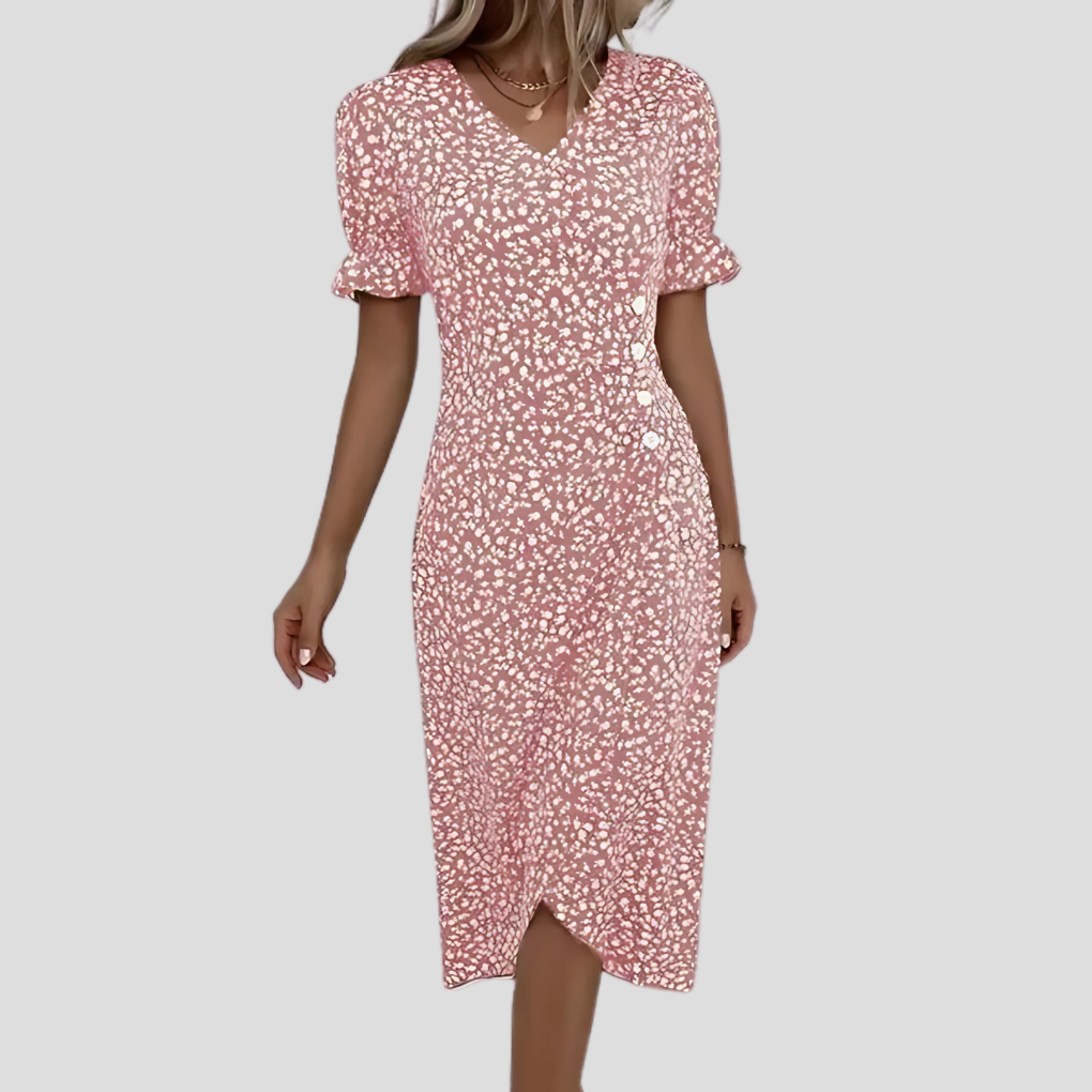 Stylish women's floral midi dress featuring a V-neck, puff sleeves, and A-line silhouette for elegant summer wear.