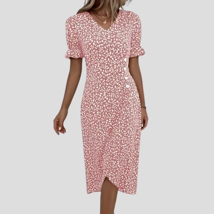 Stylish women's floral midi dress featuring a V-neck, puff sleeves, and A-line silhouette for elegant summer wear.