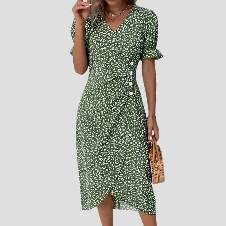 Casual yet elegant floral midi dress for women, with V-neck and puff sleeves, suitable for spring or summer outings.