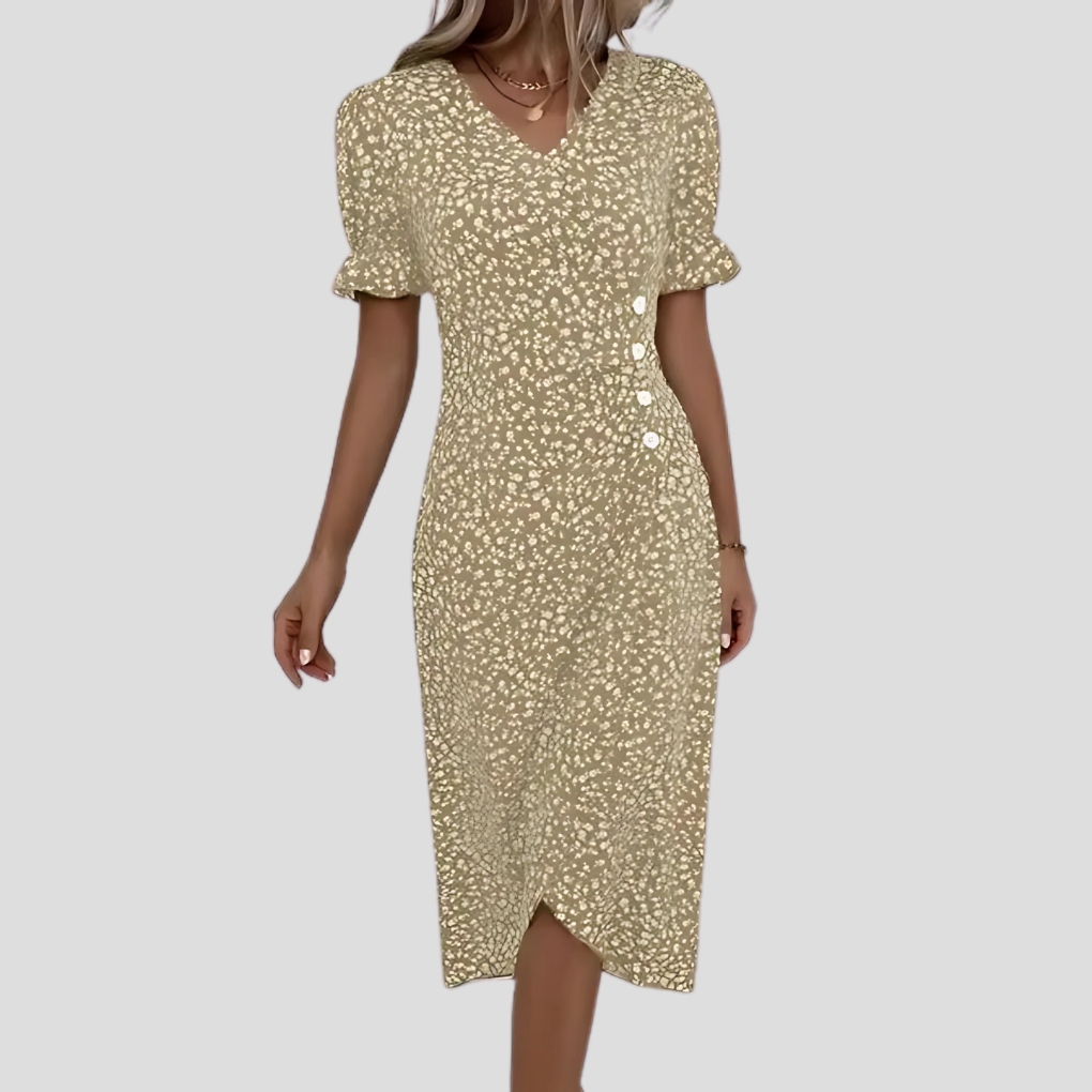 Women's floral V-neck midi dress with delicate puff sleeves and a flowing A-line skirt, perfect for spring/summer.