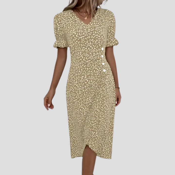 Women's floral V-neck midi dress with delicate puff sleeves and a flowing A-line skirt, perfect for spring/summer.