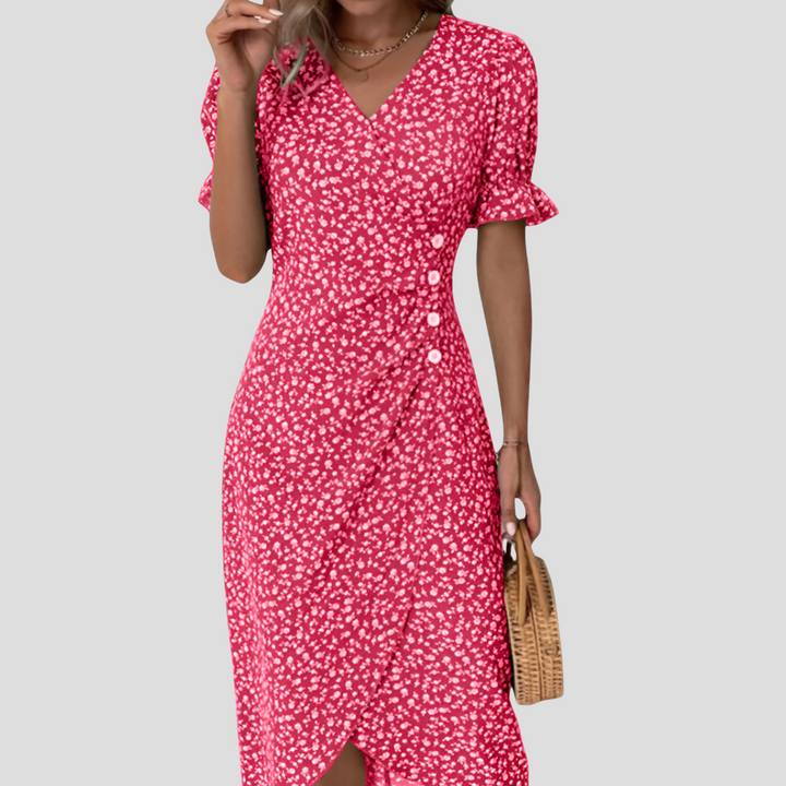 Elegant women's floral midi dress, a stunning party or vacation dress with V-neck & puff sleeves for summer events.